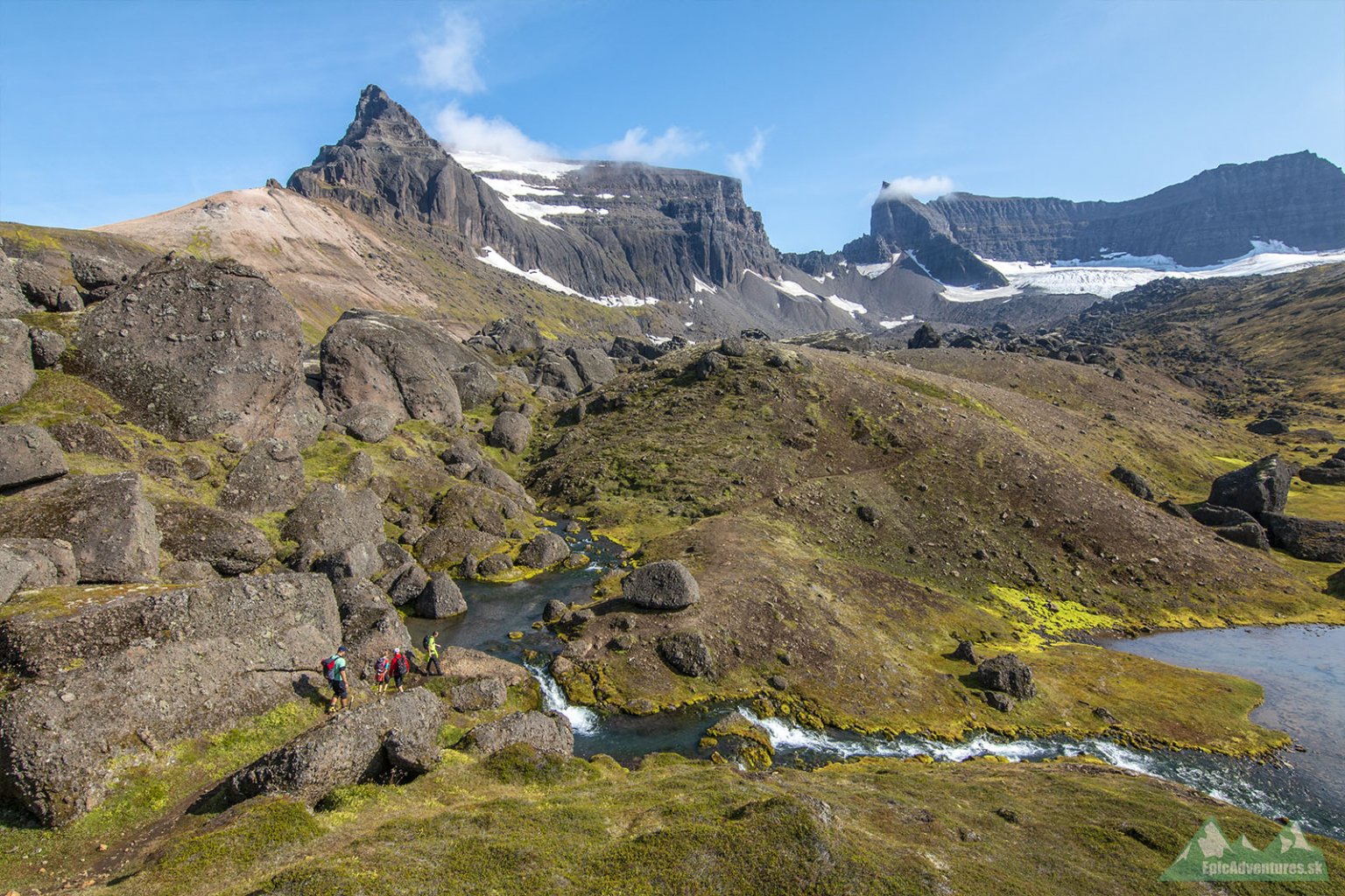 Oblasť bludných balvanov z výhľadom na pohorie Dyrfjöll