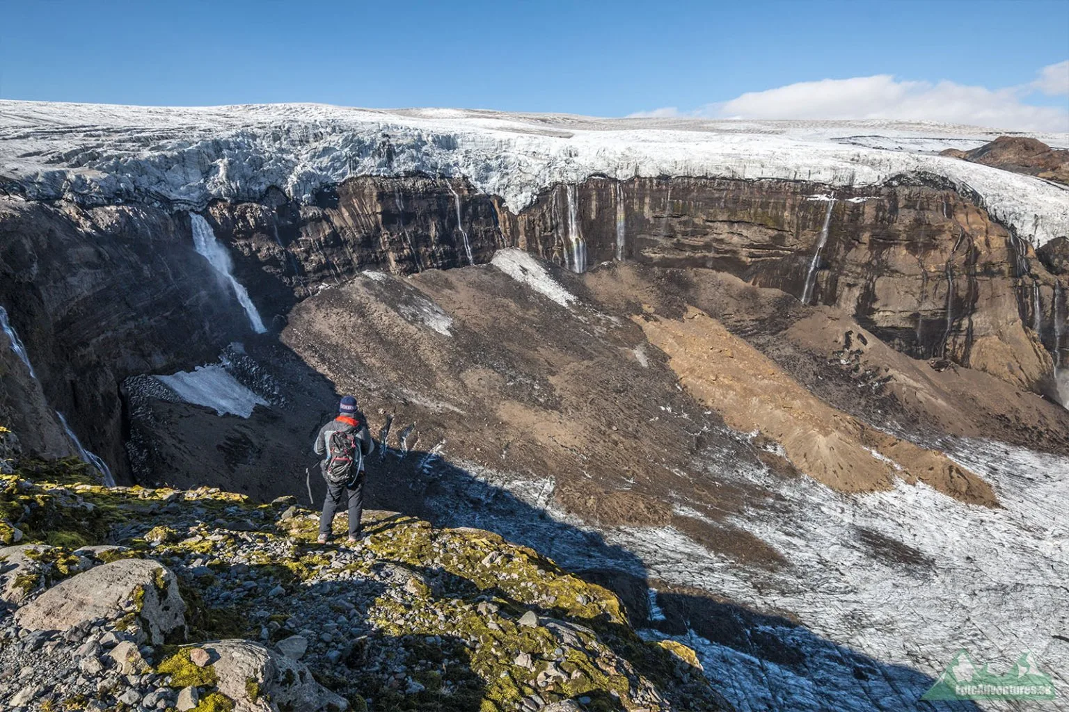 Hlboká kotlina, do ktorej padá voda s topiaceho sa ľadovca
